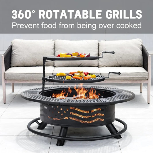 42" Outdoor Fire Pit with BBQ Grill with Cover Lid