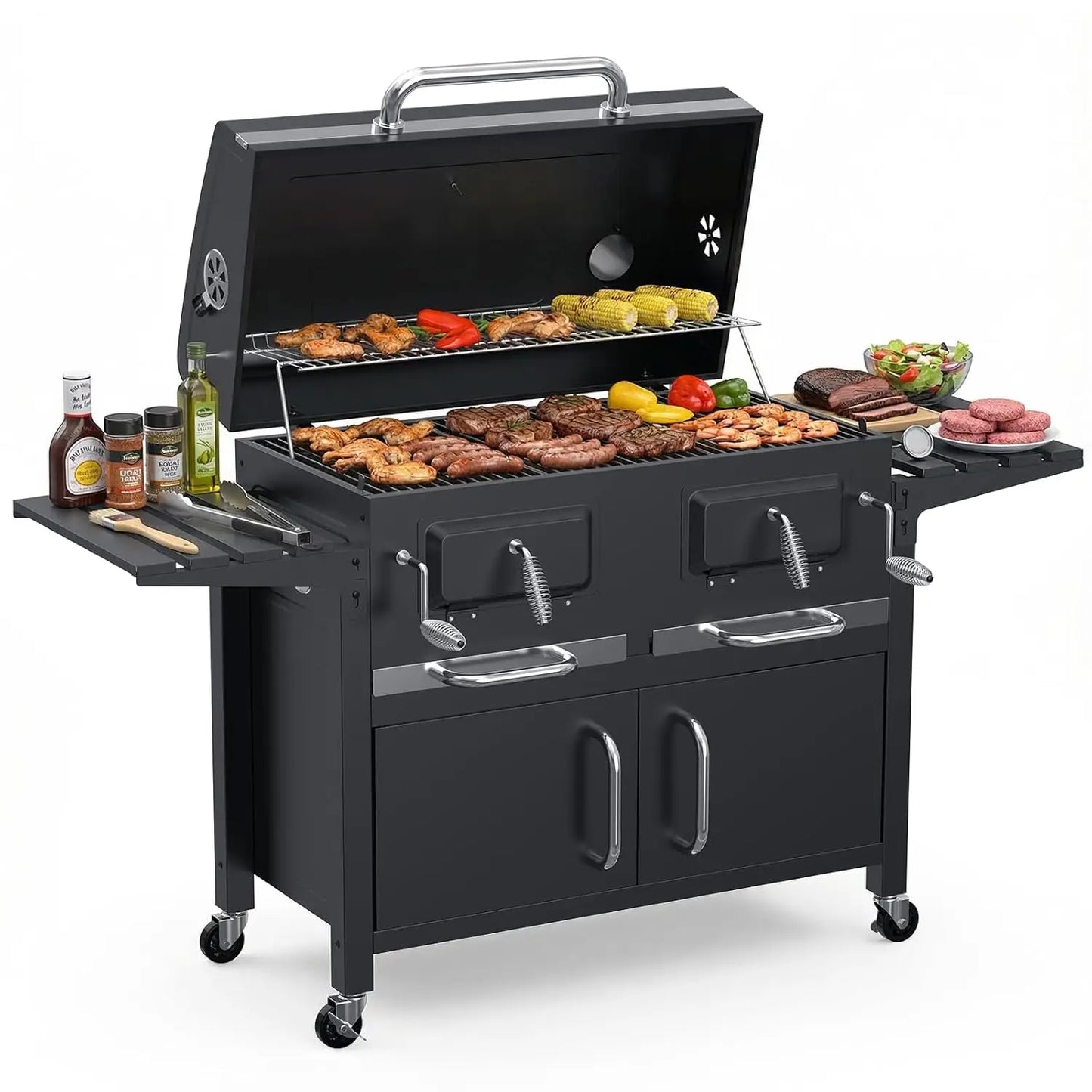 Charcoal BBQ Grill & Smoker Outdoor with 2 Individual Lifting Charcoal Trays