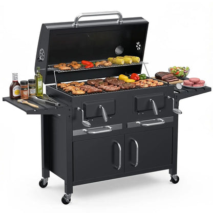Charcoal BBQ Grill & Smoker Outdoor with 2 Individual Lifting Charcoal Trays
