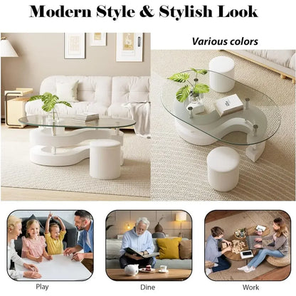 3-Piece Glass Coffee Table Set with  S-Shaped Base, Including 2 Leather Stools