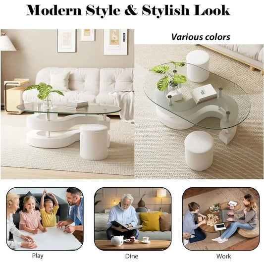 3-Piece Glass Coffee Table Set with  S-Shaped Base, Including 2 Leather Stools