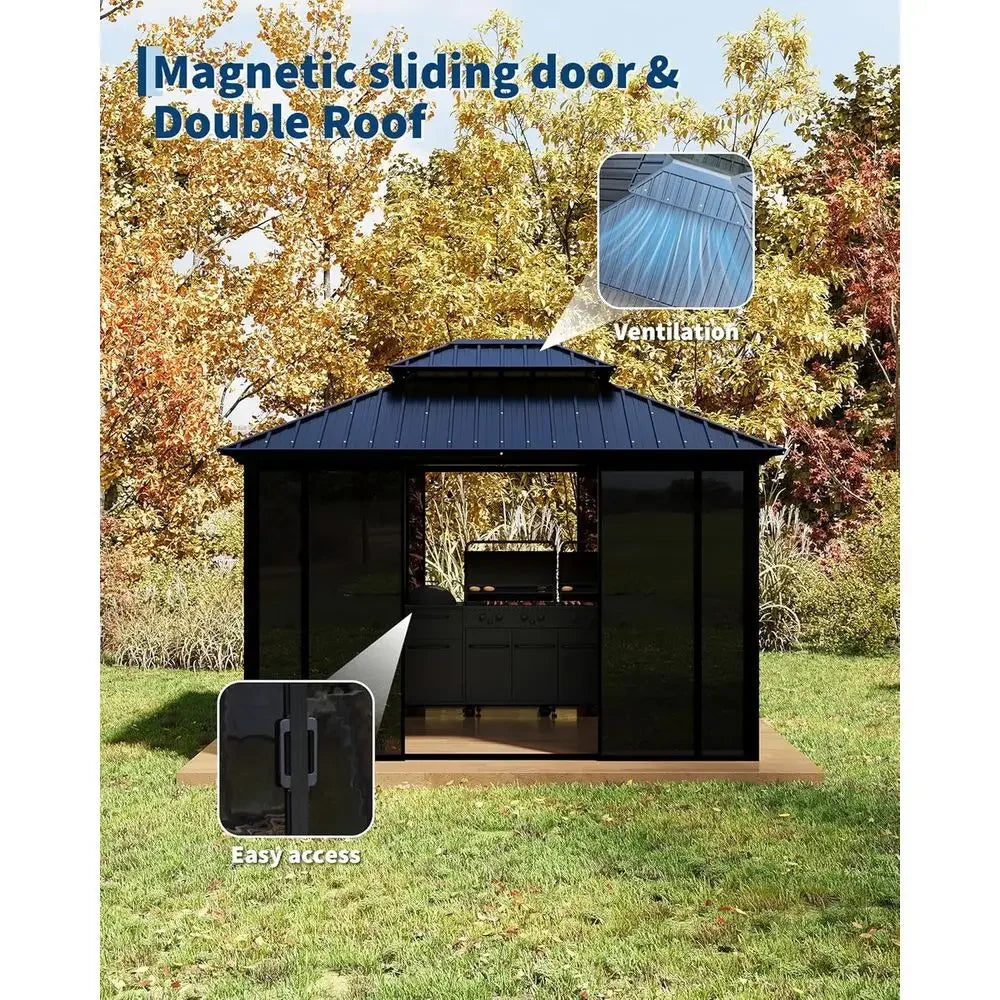 Hardtop All-Season Outdoor Gazebo with Enclosed Polyte Sliding Doors